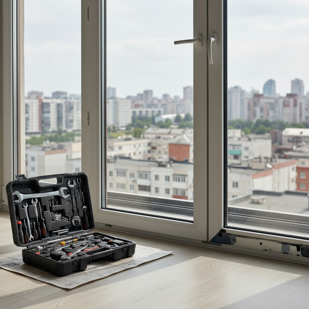 A wide, photographic view of a technician’s organized toolkit open on the floor beside a large aluminum balcony door in a Kyiv high-rise flat, immediately after repair. The focus is on the door’s sturdy aluminum profile, new handles, and smoothly sliding rails, all perfectly clean and aligned. Outside the glass, a recognizable Kyiv residential skyline in soft focus adds local context. Diffused afternoon light streams through the balcony, creating crisp reflections on the metal frame and soft shadows on the light laminate flooring. The composition follows the rule of thirds with the door dominating the right side and the neatly arranged tools on the left, conveying precision, readiness, and trustworthy service.