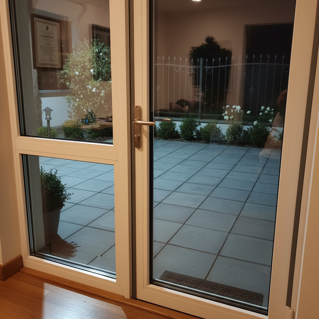 A photographic realism night-time scene of a recently adjusted and sealed patio door in a Kyiv private home, captured from inside looking out to a small illuminated garden. The white uPVC frame is in sharp focus, showing fresh weatherstripping, smooth handle, and perfectly closing mechanism. Warm indoor lighting creates soft reflections on the glass and gentle shadows along the frame, while cooler outdoor garden lights reveal a terrace with pavers and low shrubs in the background. The composition uses a slightly elevated angle to show both the threshold and the door leaf, emphasizing protection against drafts and noise. The mood is cozy, safe, and reassuring, highlighting the benefits of professional door repair.