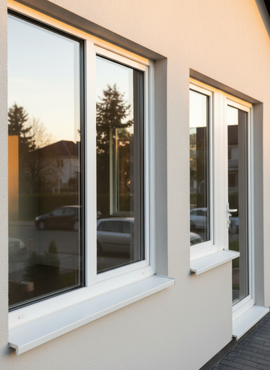 An eye-level, photographic realism image of a row of different windows in a Kyiv-area suburban house: a large living room picture window, a smaller tilt-and-turn kitchen window, and a balcony block with door, all recently serviced. The white plastic and aluminum frames appear perfectly straight, seals intact, and handles uniform in design and color. Soft golden hour sunlight bathes the exterior façade, highlighting clean glass surfaces that reflect a quiet residential street with trees and parked cars. The mood is calm and secure, suggesting well-maintained property. The composition uses an angled perspective along the façade to create depth, with sharp focus on the foreground frames and gentle blur towards the background for a professional, reliable impression.