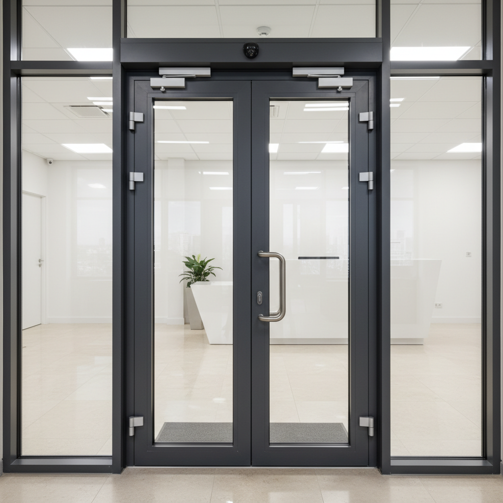 A detailed interior shot of a repaired office entrance door system made of dark gray aluminum profiles and large double-glazed panels in a Kyiv business center. The primary focus is on the robust hinges, new door closer, and precisely mounted lock hardware, all rendered in photographic realism. Polished stone flooring and a minimalist reception area are visible in soft focus behind the glass, with subtle reflections enhancing the sense of depth. Bright, even artificial ceiling lighting illuminates the metal surfaces, creating crisp highlights and clean lines. The composition is symmetrical and centered on the door, conveying professionalism, security, and high-quality maintenance suitable for business clients and HOAs.