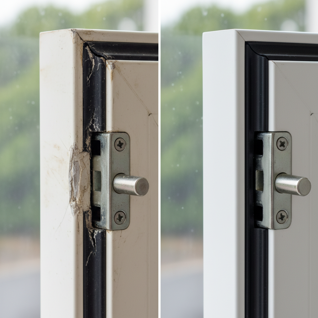 A close, photographic shot of a damaged window corner before repair on the left side and the same corner fully restored on the right side, presented in a single frame without any text. The uPVC frame shows worn, cracked seals and misaligned hardware on one side, contrasted with new black seals, clean white plastic, and perfectly straight joints on the other. Soft, neutral daylight from a nearby window evenly illuminates both sections, revealing every texture and detail. The background is intentionally blurred to keep full attention on the transformation. The composition is clean and balanced, visually communicating the effectiveness of professional window service in the Kyiv region.